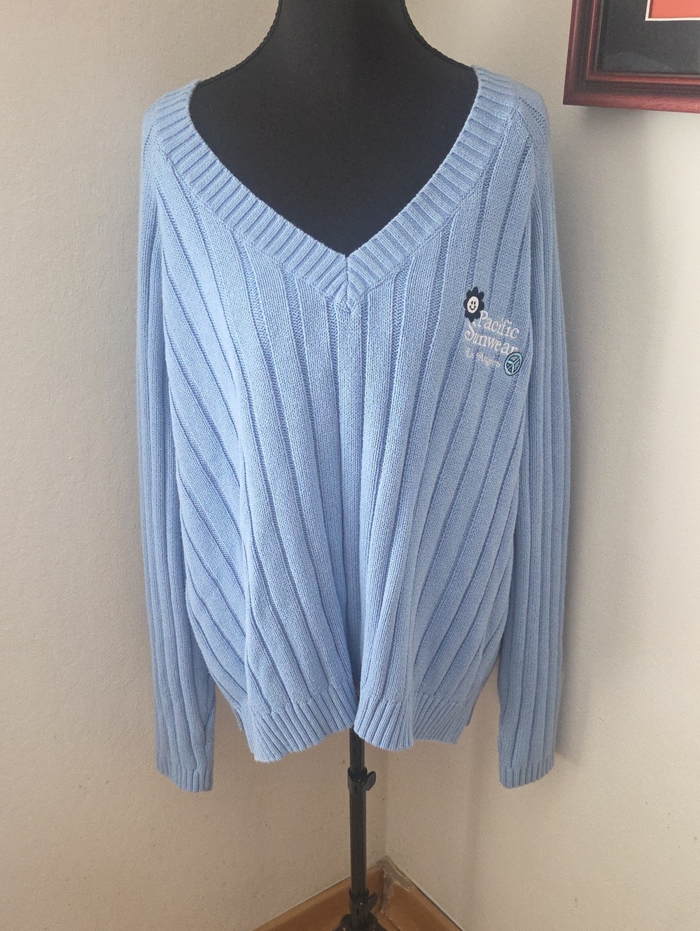Light Blue Cable Knit V-Neck Ribbed Sweater Pacific Sunwear Academia Preppy Lg.
